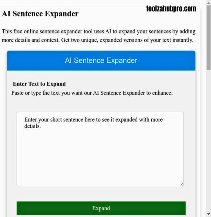 Sentence expander tool expanding short sentences into detailed content