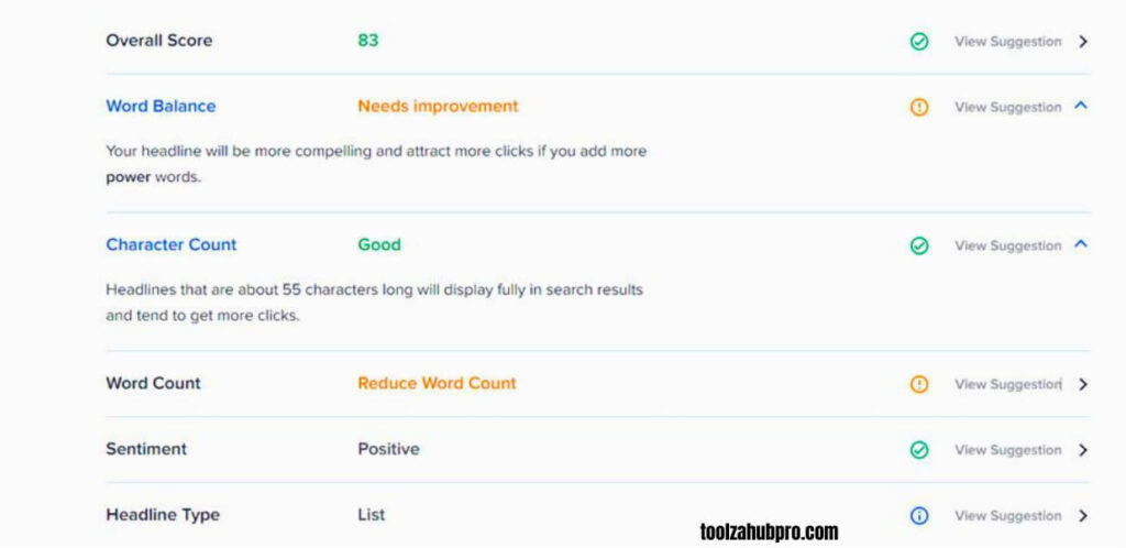 Headline analyzer - showing SEO score readability